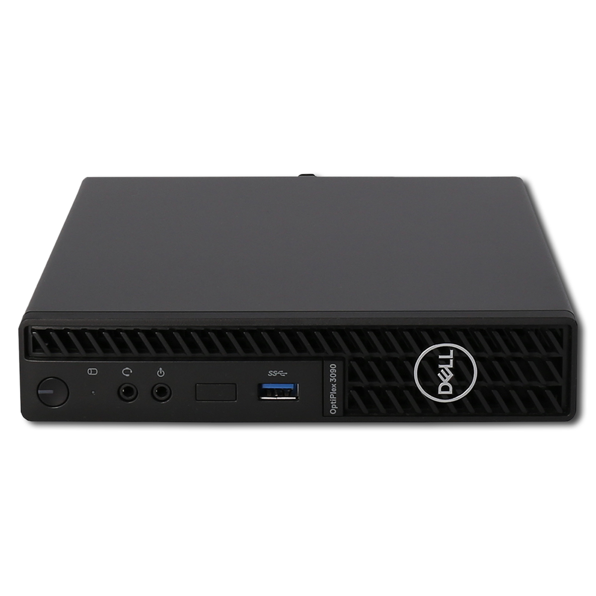 Un computer Dell OptiPlex 3090 nero. È rettangolare con varie porte sulla parte anteriore. Il logo Dell è sul lato destro.