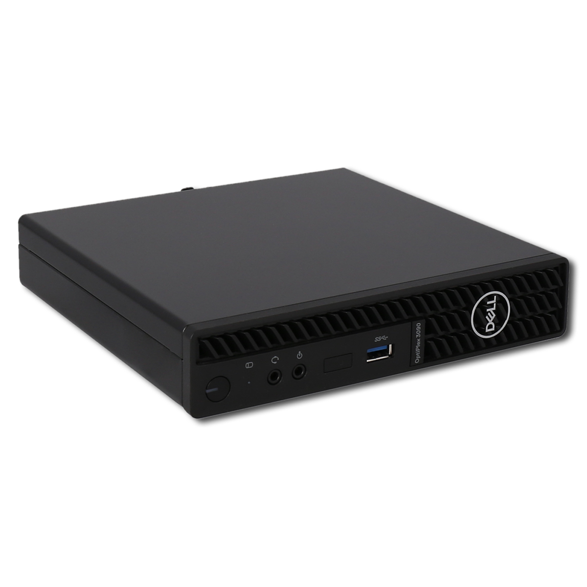 Un computer desktop Dell OptiPlex 3090 nero. Ha una forma rettangolare con porte e il logo Dell sulla parte anteriore.