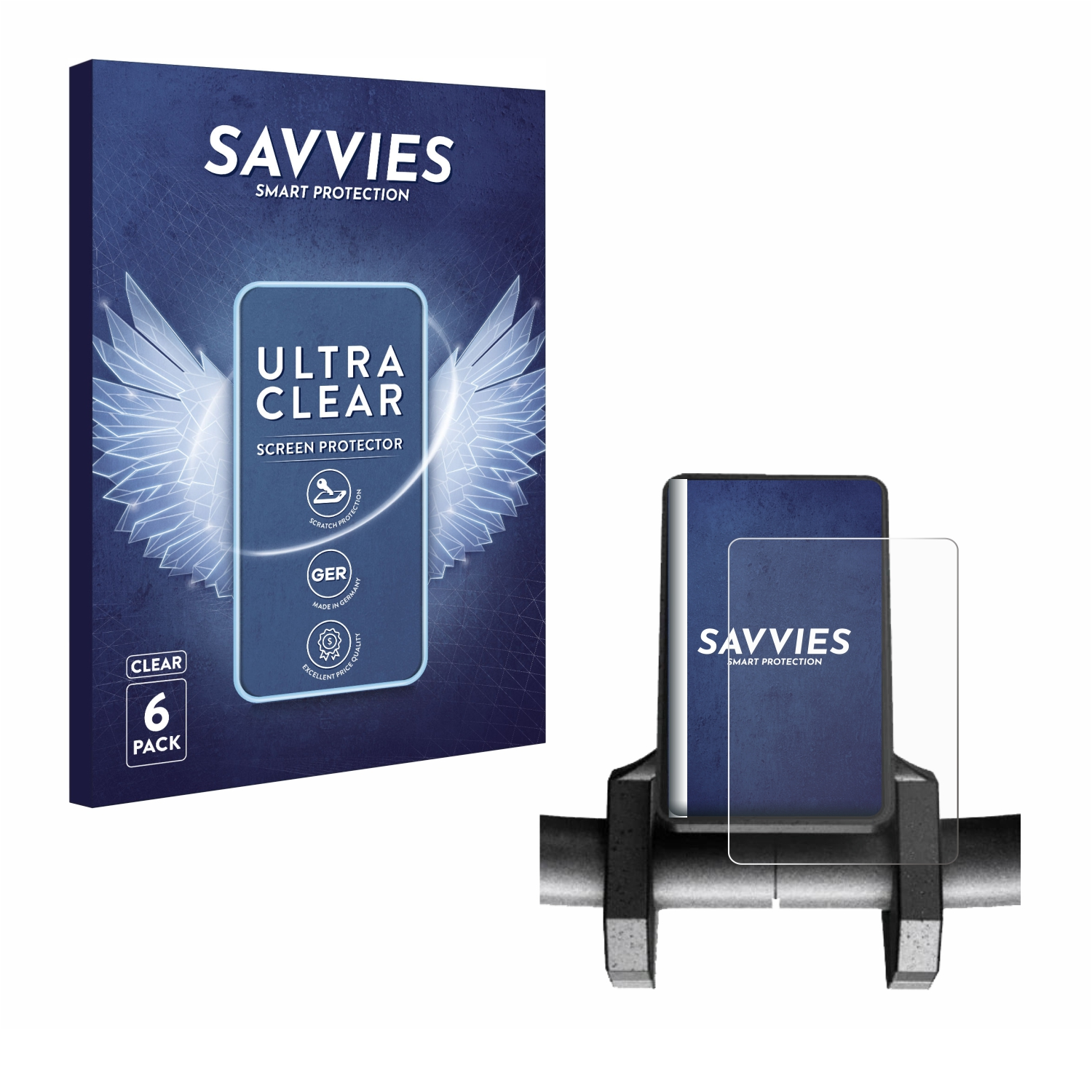 Eine Displayschutzbox und ein Telefon mit angebrachtem Schutz. Auf der Box steht 'SAVVIES' und 'ULTRA CLEAR'. Der Schutz befindet sich auf einem Halter.