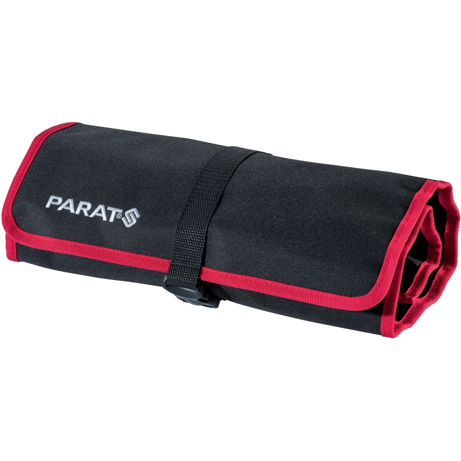 Czarny zwijany pokrowiec na narzędzia z czerwonym obramowaniem, paskiem i klamrą. Widoczne logo 'PARAT'.