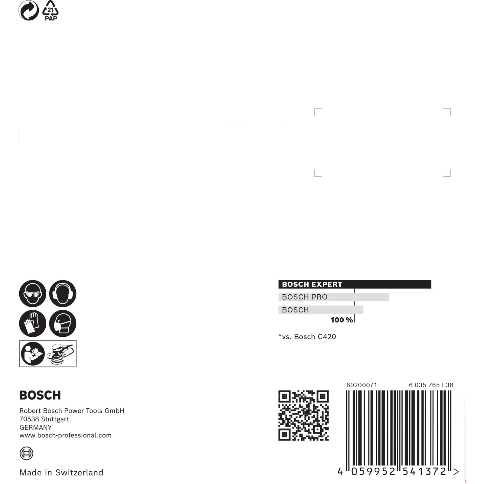 Weißer Hintergrund mit schwarzem Text und Symbolen. Bosch-Logo und Produktinformationen, Barcode und QR-Code.