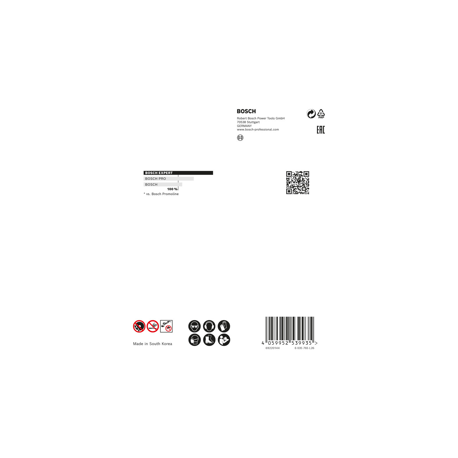Weißer Hintergrund mit Bosch-Logo, Text und Symbolen. Enthält einen Barcode, QR-Code und Sicherheitssymbole.