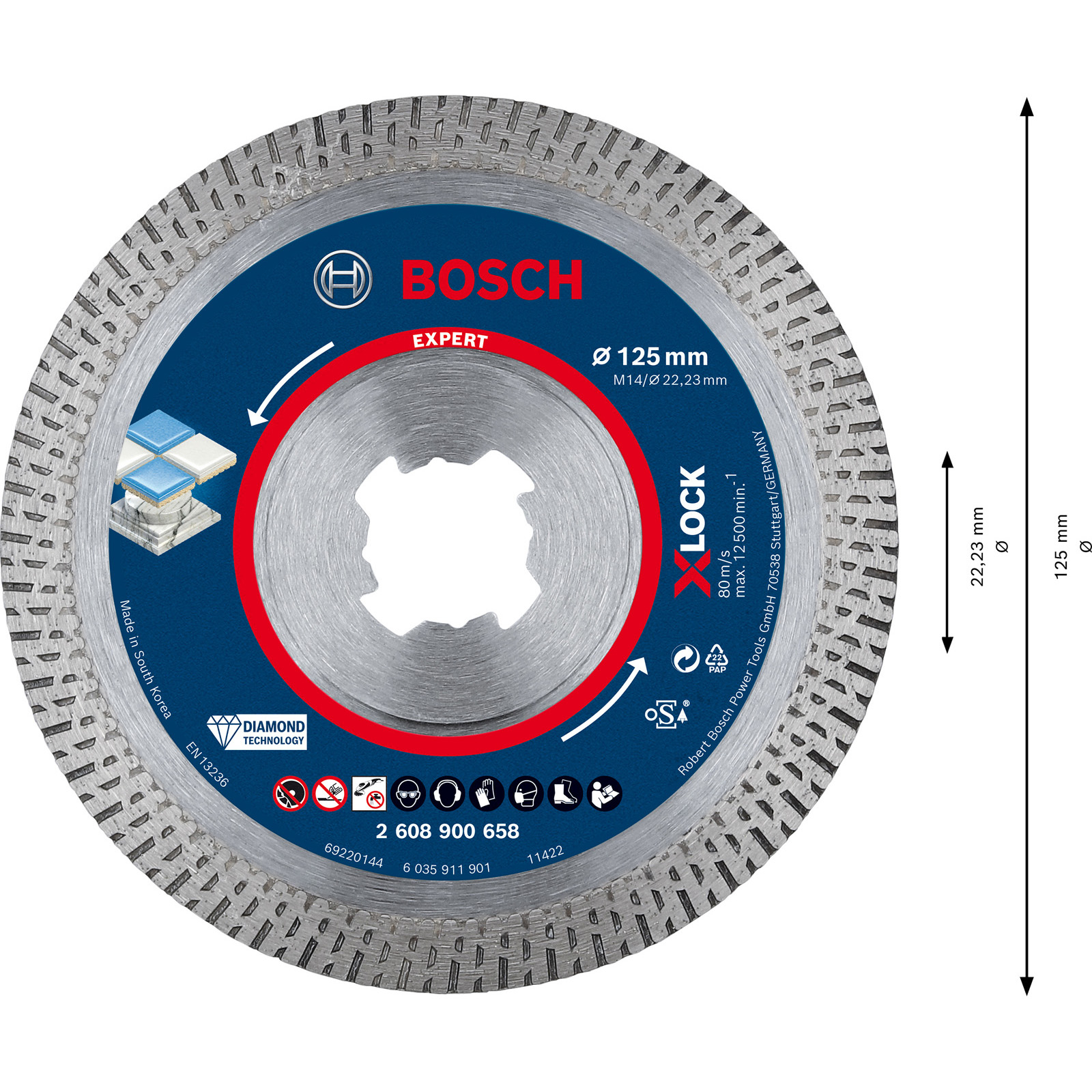 Eine kreisförmige Bosch Expert Diamanttrennscheibe. Sie hat eine blaue Mitte mit weißem Text, einen roten Ring und einen silbernen Außenrand.