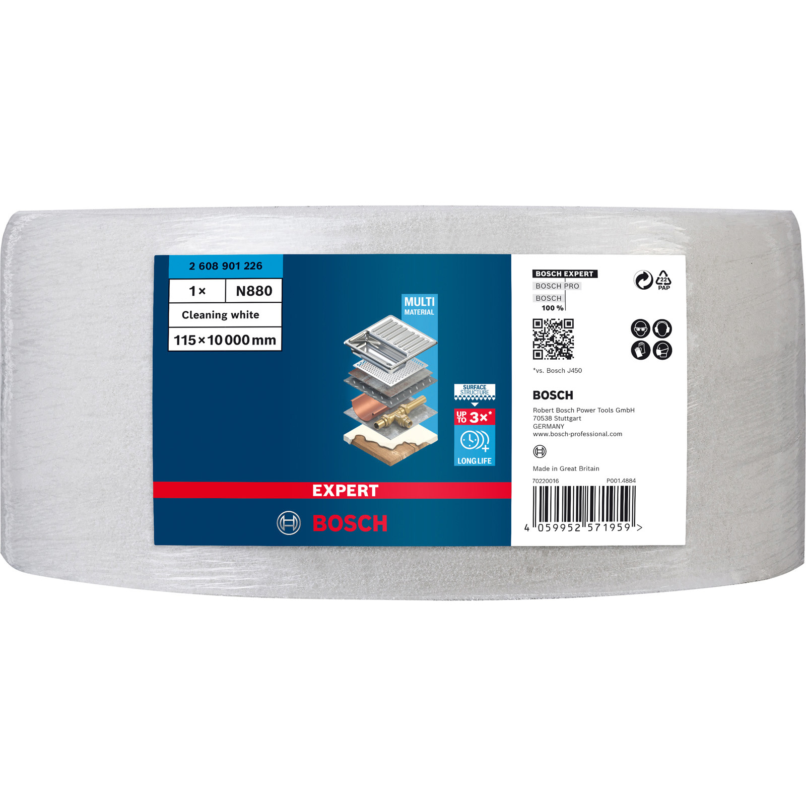 Eine weiße Reinigungsrolle mit blauem Etikett, das Produktspezifikationen und das Bosch-Logo zeigt, wirbt für Multi-Material-Einsatz.
