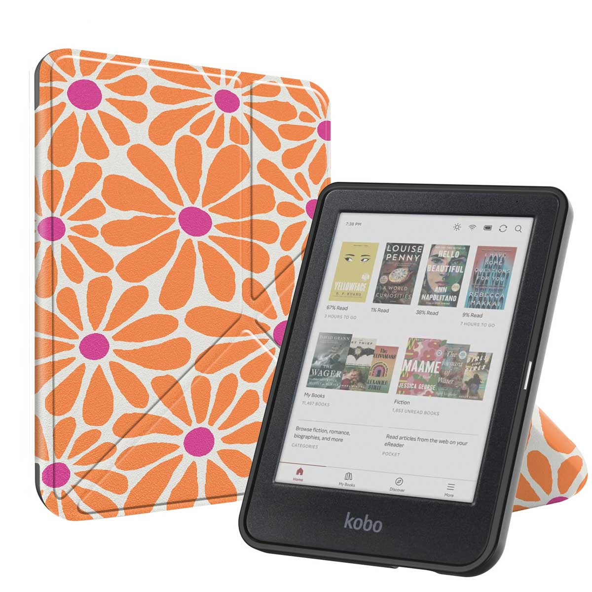 Une liseuse noire avec des couvertures de livres. Elle est à côté d'un étui à motifs floraux orange et roses.