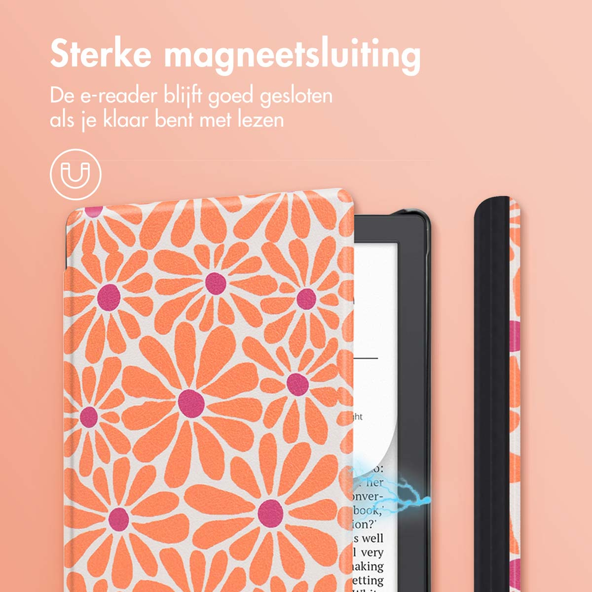 Een e-reader met een bloemige hoes wordt getoond. De hoes is oranje en roze. De tekst zegt 'Sterke magnetische sluiting'.