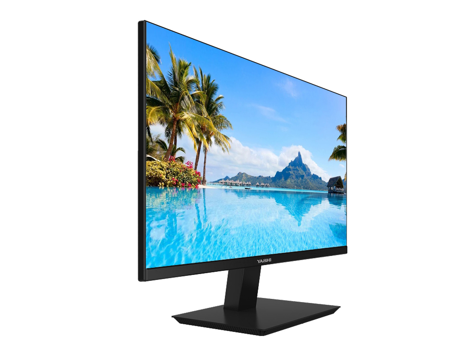 Un monitor di computer mostra una scena tropicale. Sono visibili palme, acqua blu e montagne. Il monitor è nero con un supporto nero.