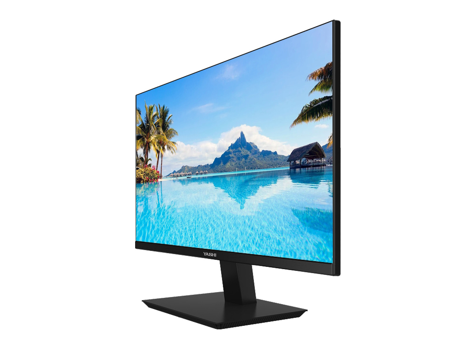 Un monitor del computer mostra una scena tropicale: acqua blu, montagne, palme e una piccola capanna. Il monitor è nero.