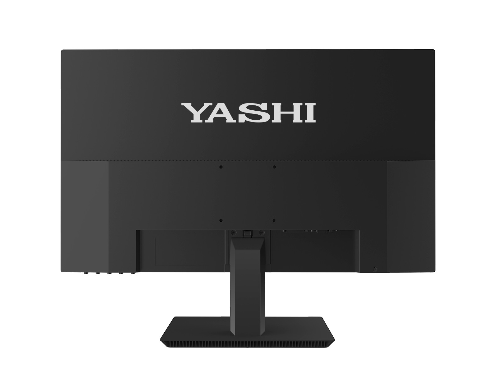 Retro di un monitor YASHI nero, che mostra il supporto e le porte. Il marchio è visibile in lettere bianche.