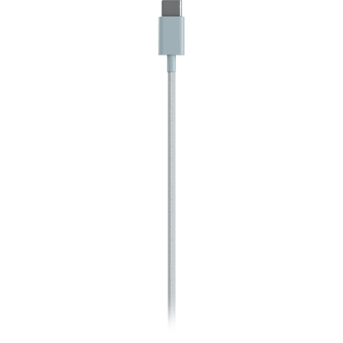 Een USB-C-kabel met een lichtblauwe connector en een grijze, gevlochten kabel tegen een witte achtergrond.