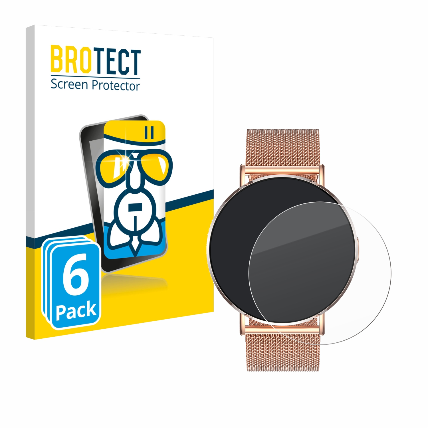 Eine Smartwatch mit roségoldfarbenem Armband und Displayschutzfolie. Eine Schachtel mit Displayschutzfolien ist ebenfalls vorhanden, mit dem Markennamen.