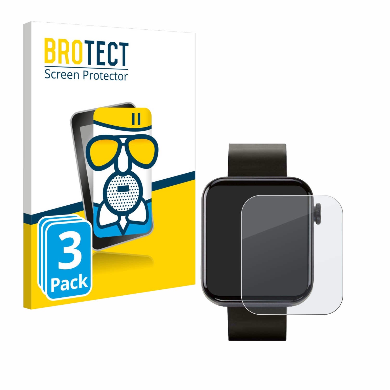 Eine Smartwatch mit Displayschutzfolie neben einer Verpackung. Die Verpackung zeigt eine Zeichentrickfigur mit Brille und Hut.