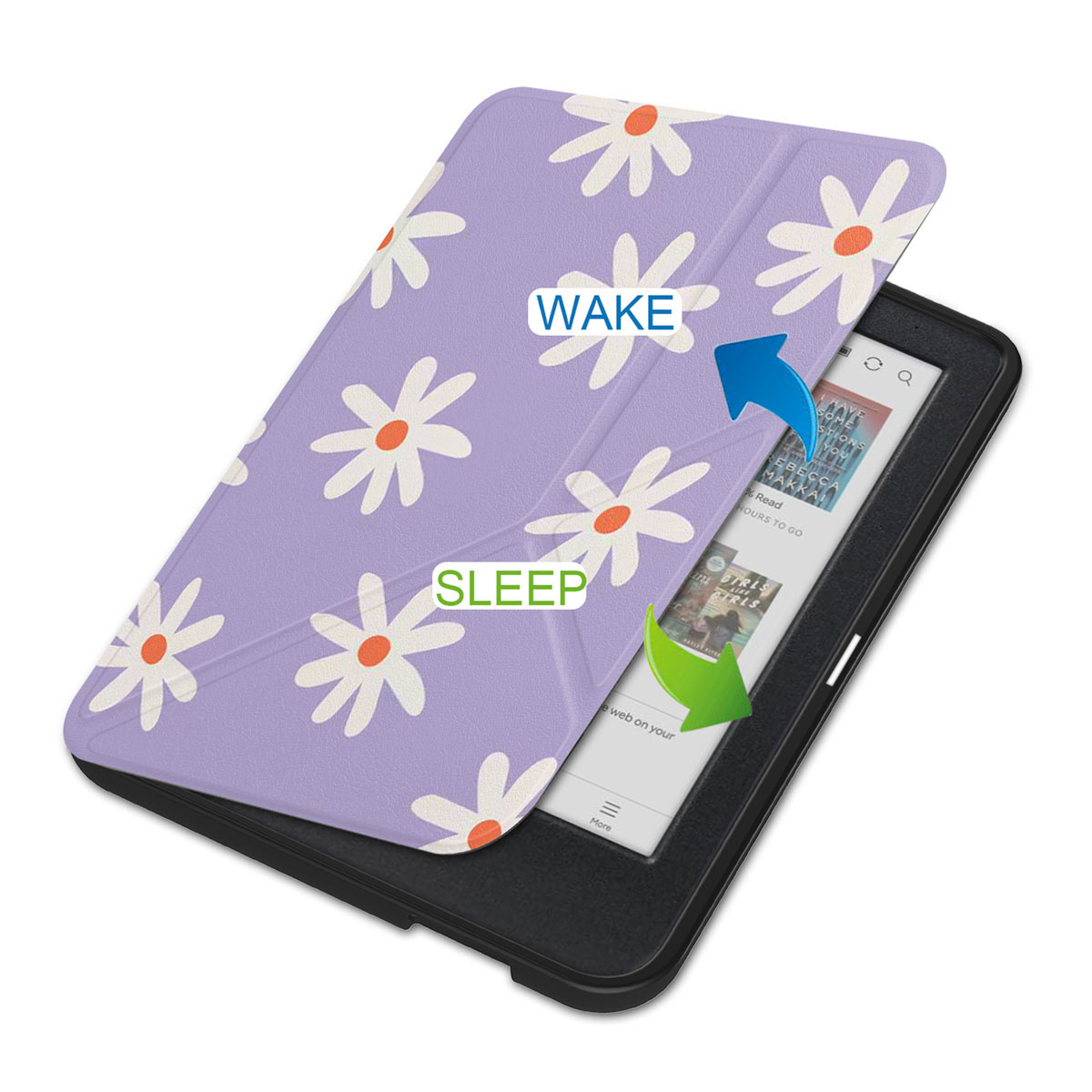 Kindle met madeliefjeshoes, open. De hoes is paars met witte madeliefjes. Scherm toont boektitels. Pijlen wijzen naar ontwaken en slapen.