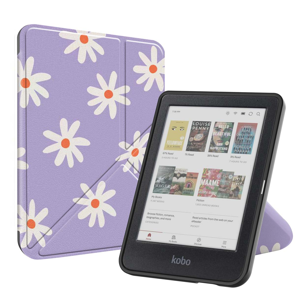 Een e-reader met een paarse hoes met madeliefjes en een zwart scherm met boekomslagen. De e-reader staat open.