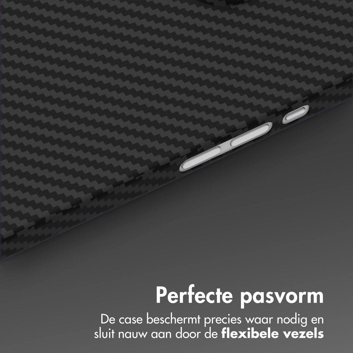 Close-up of a black textured phone case with silver buttons. The case has a carbon fiber pattern. The background is dark gray.