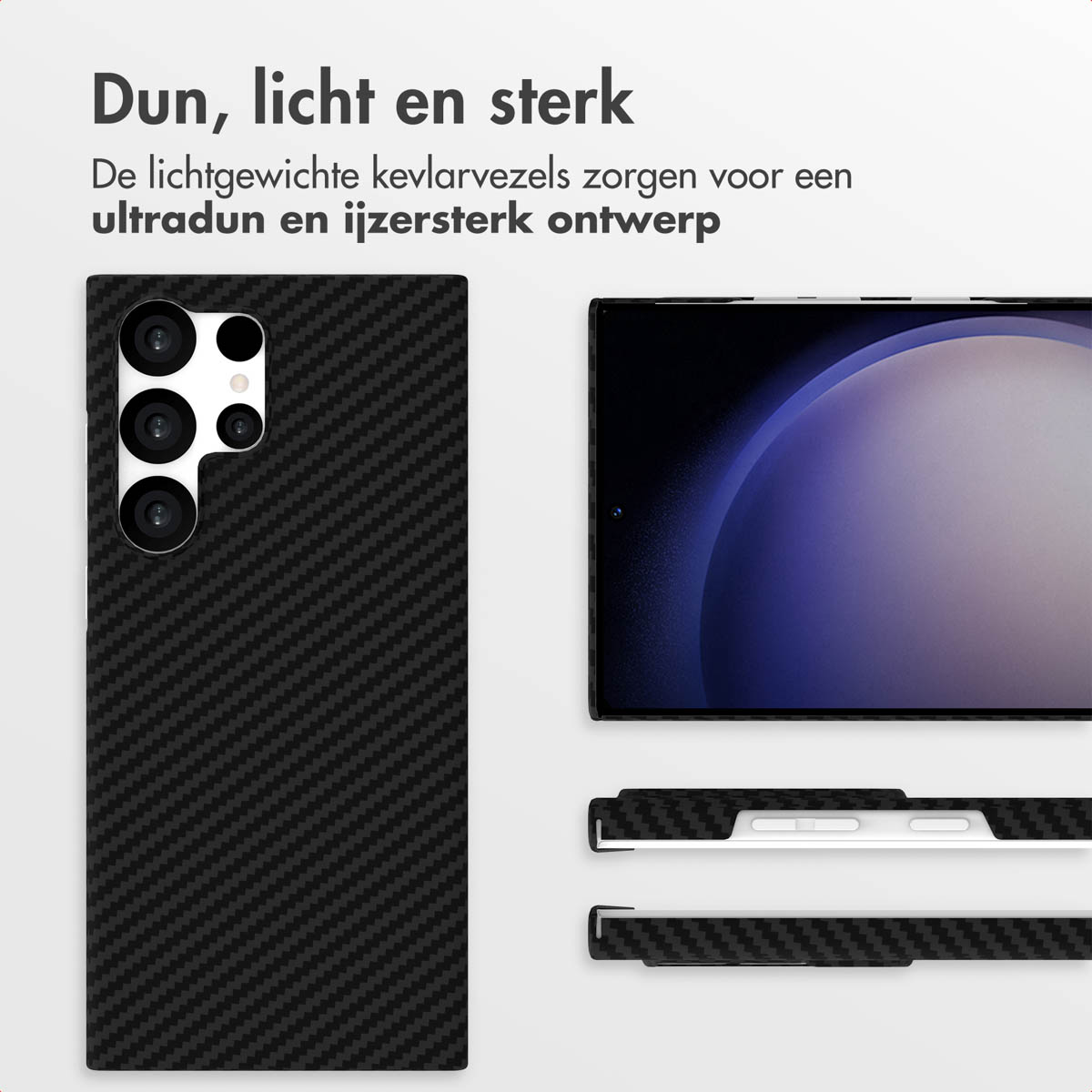 Un étui de téléphone en fibre de carbone noire et des pièces sont affichés. Un écran de téléphone est à droite. Du texte en néerlandais est en haut à gauche.