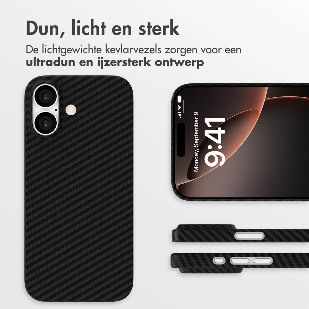 Afbeelding toont een telefoon met een carbon fiber hoesje, een scherm met de tijd en twee extra case onderdelen.