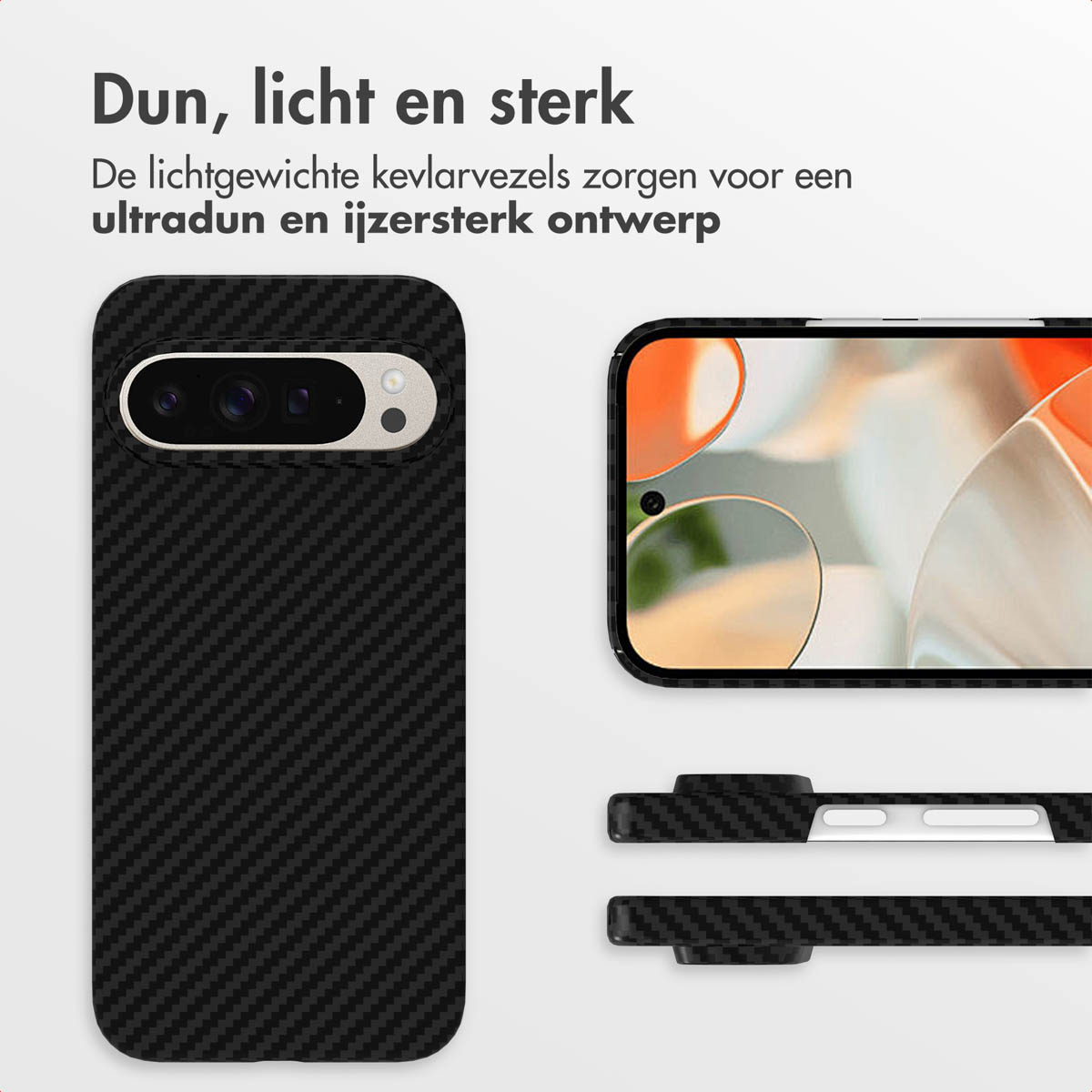 Gezeigt wird eine schwarze Handyhülle mit strukturierter Oberfläche. Ein Telefon und sein Bildschirm sind ebenfalls abgebildet. Text: Dünn, leicht und stark.