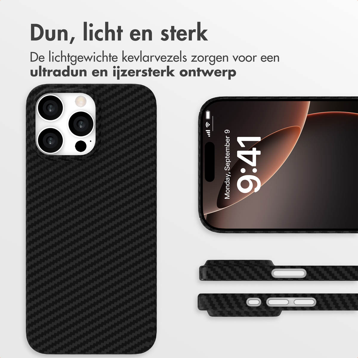 Een telefoonhoesje en een telefoon worden weergegeven. De hoes is zwart en heeft een koolstofvezeltextuur. De telefoon toont de tijd 9:41.