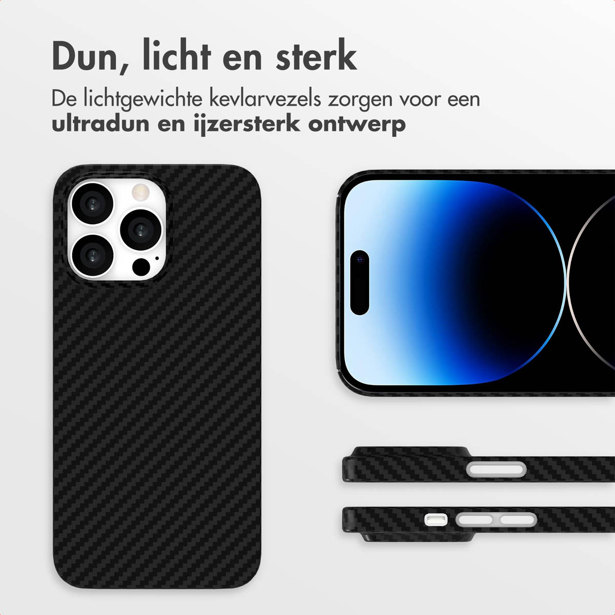 Une coque de téléphone et un écran de téléphone. La coque est noire avec un tissage en fibre de carbone. L'écran affiche un dégradé bleu et blanc.