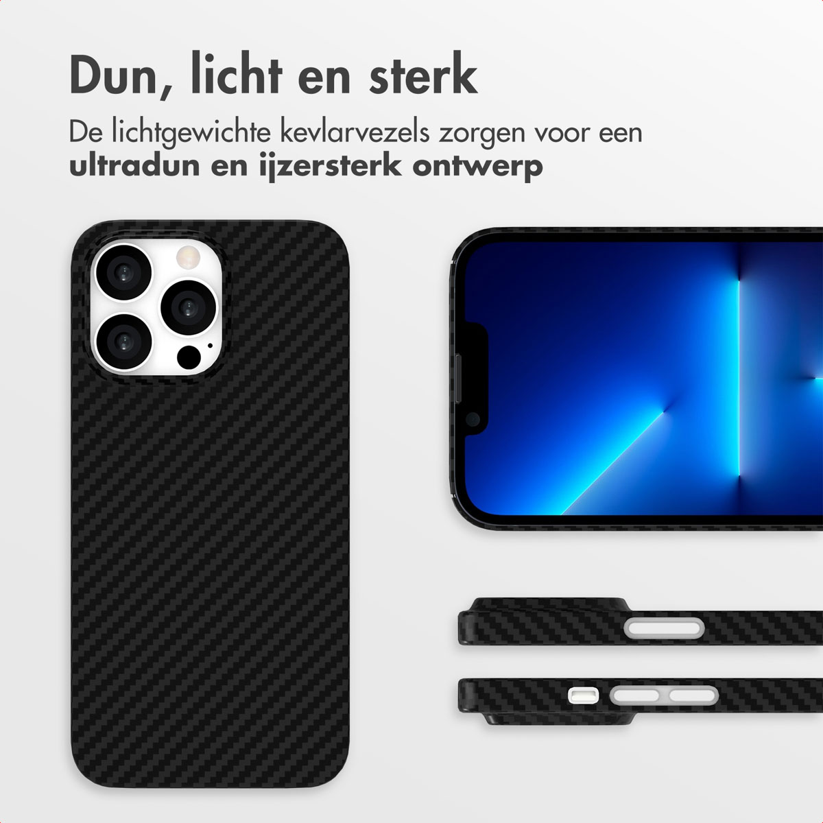 Un étui de téléphone noir avec une texture en fibre de carbone et un téléphone affichant un écran bleu. Texte : 'Fin, léger et solide'.