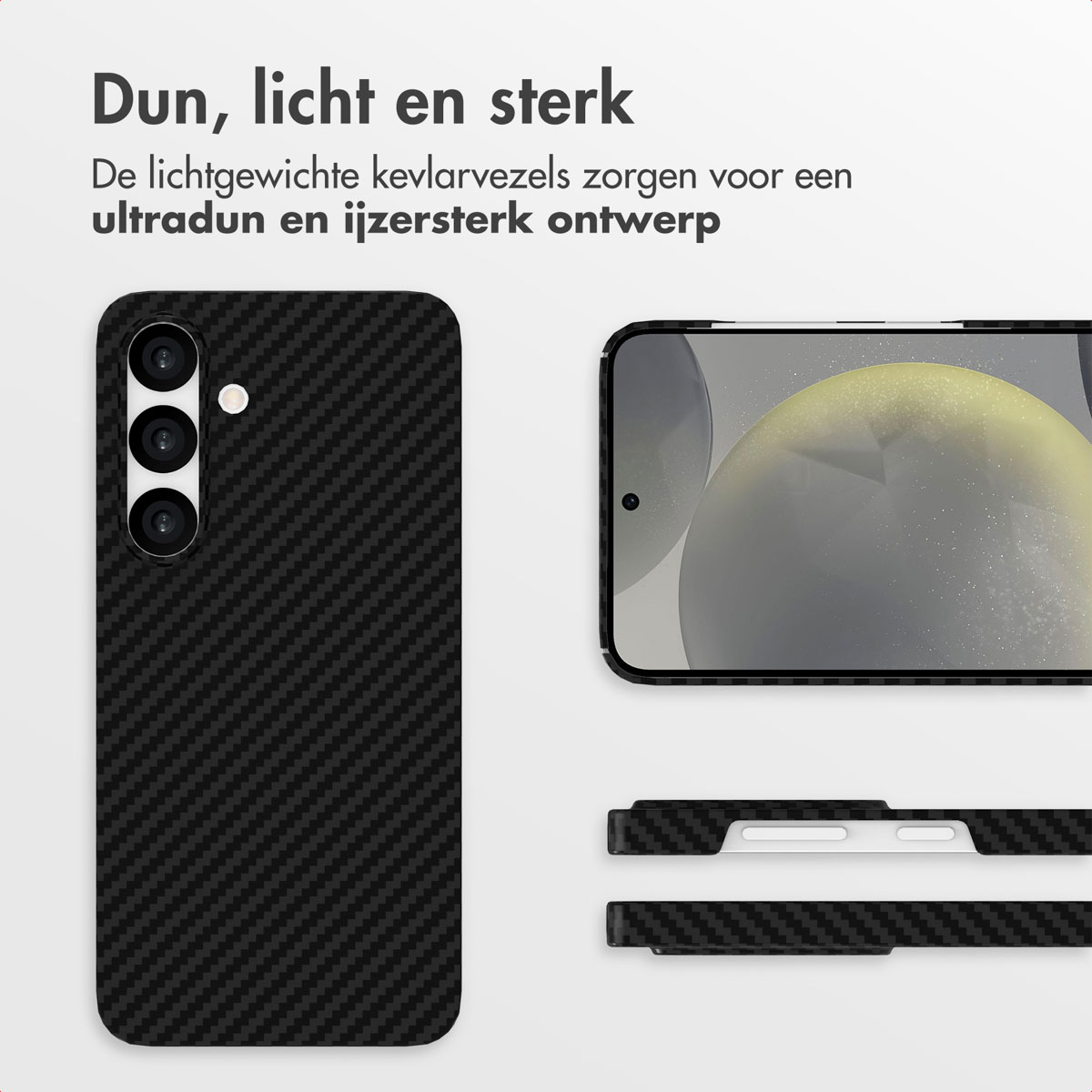 Een telefoonhoesje met een koolstofvezeltextuur wordt weergegeven, samen met een telefoon en tekst in het Nederlands: Dun, licht en sterk.