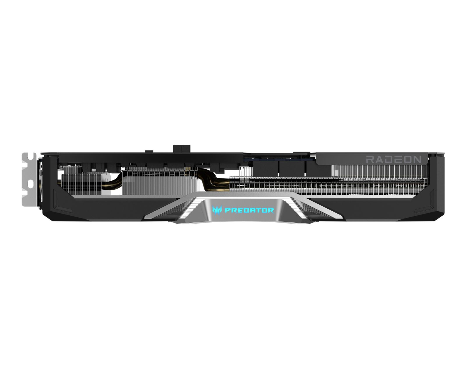 Karta graficzna w czarno-srebrnej szacie. Widoczne słowa "Radeon" i "Predator". Posiada żebra chłodzące.