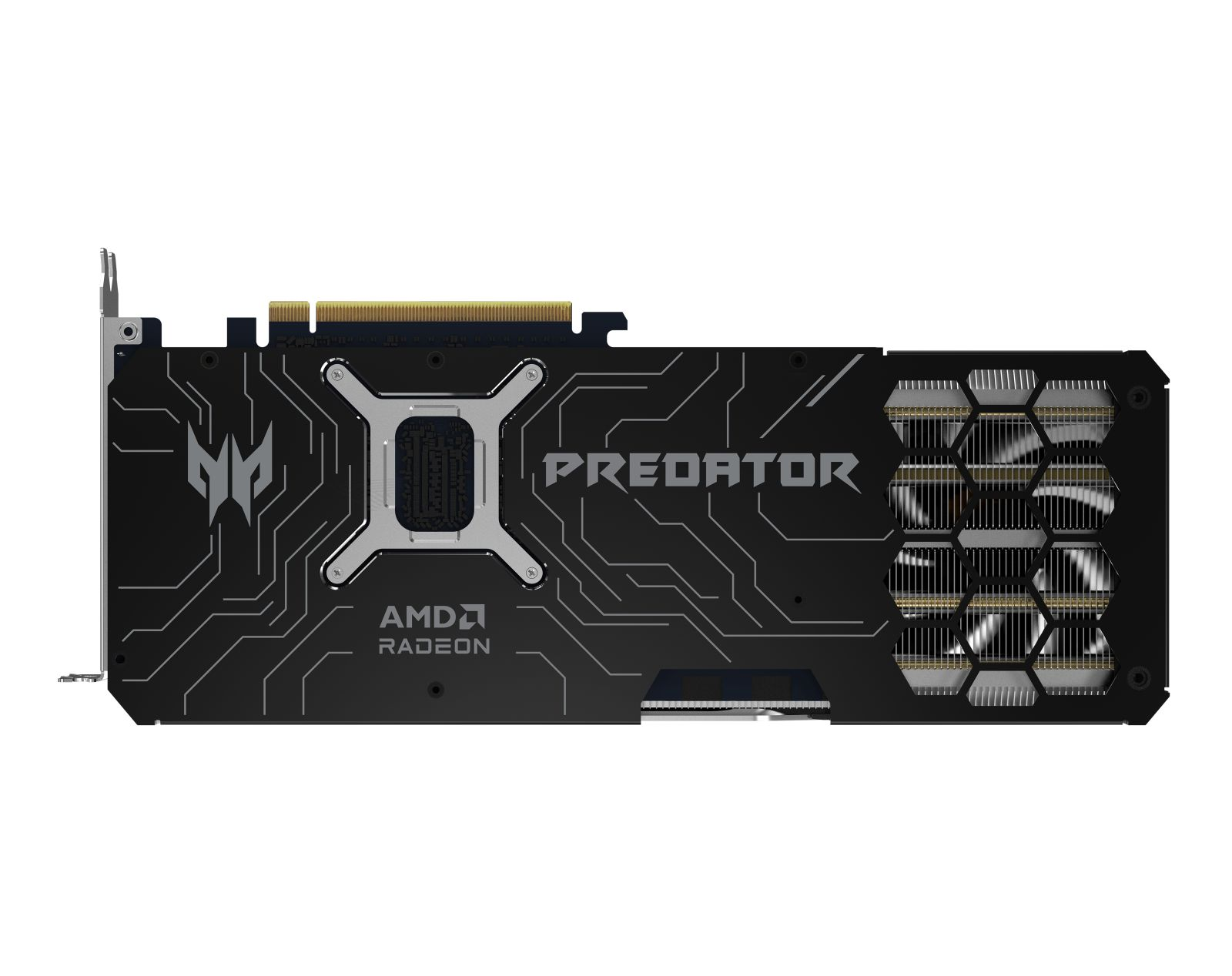 Czarna karta graficzna Predator. Posiada logo AMD Radeon, napis Predator i wentylatory chłodzące. Srebrne akcenty.