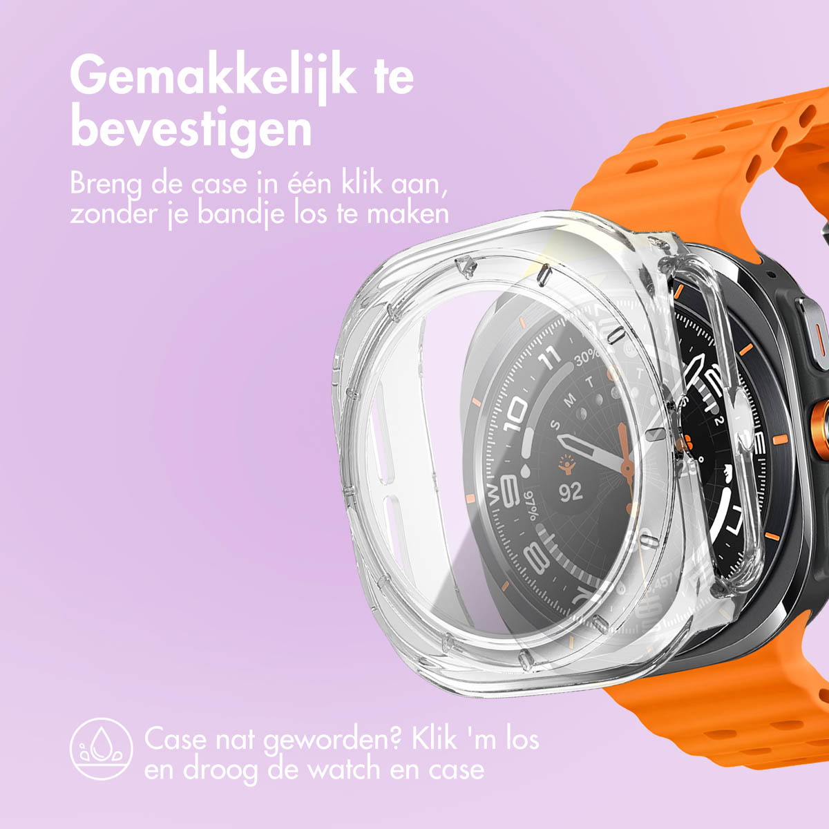 A smartwatch with an orange strap and a transparent case. The watch face displays time and stats. The background is purple.