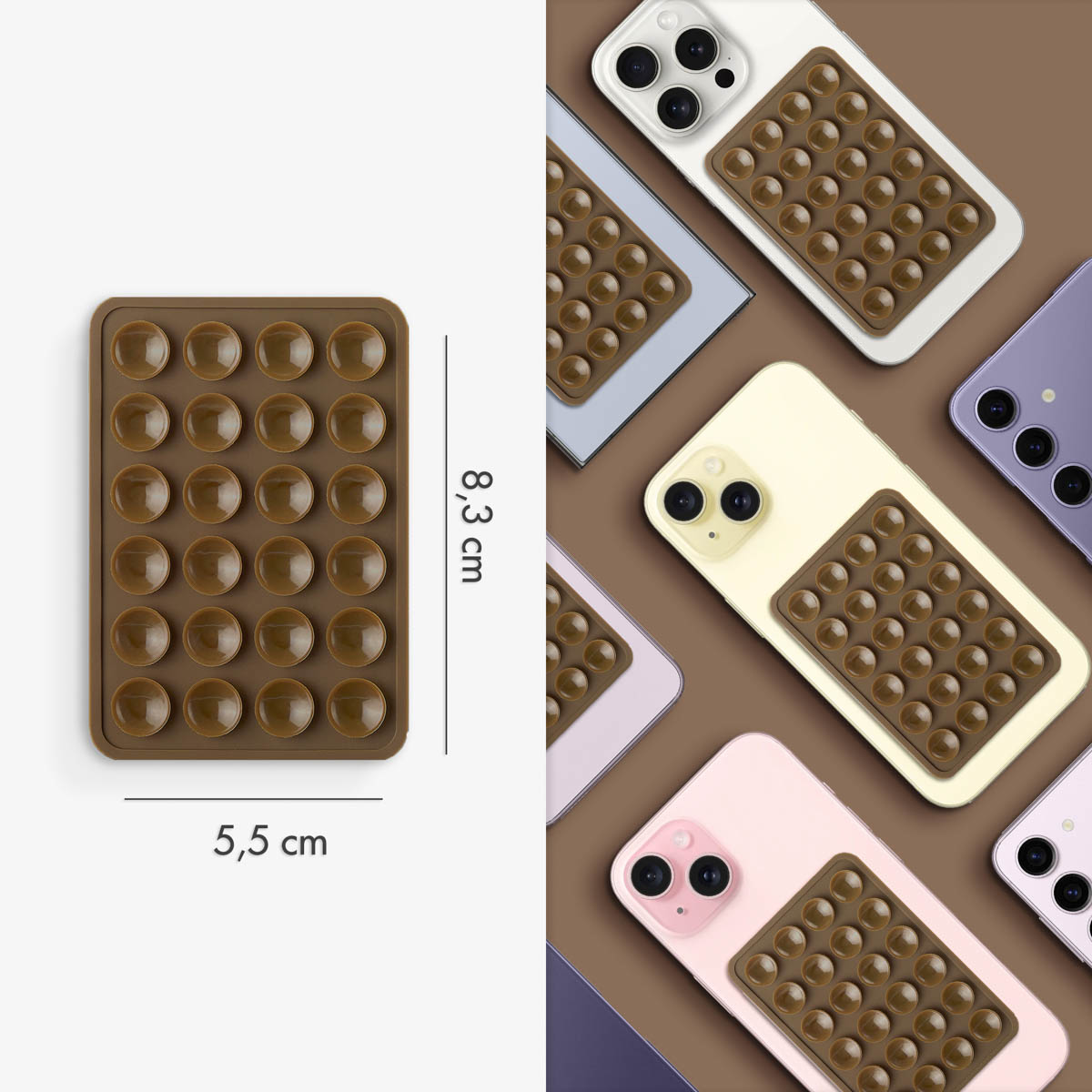 De afbeelding toont bruine telefoonaccessoires met afgeronde bobbels. Telefoons in wit, roze en lila zijn ook zichtbaar.