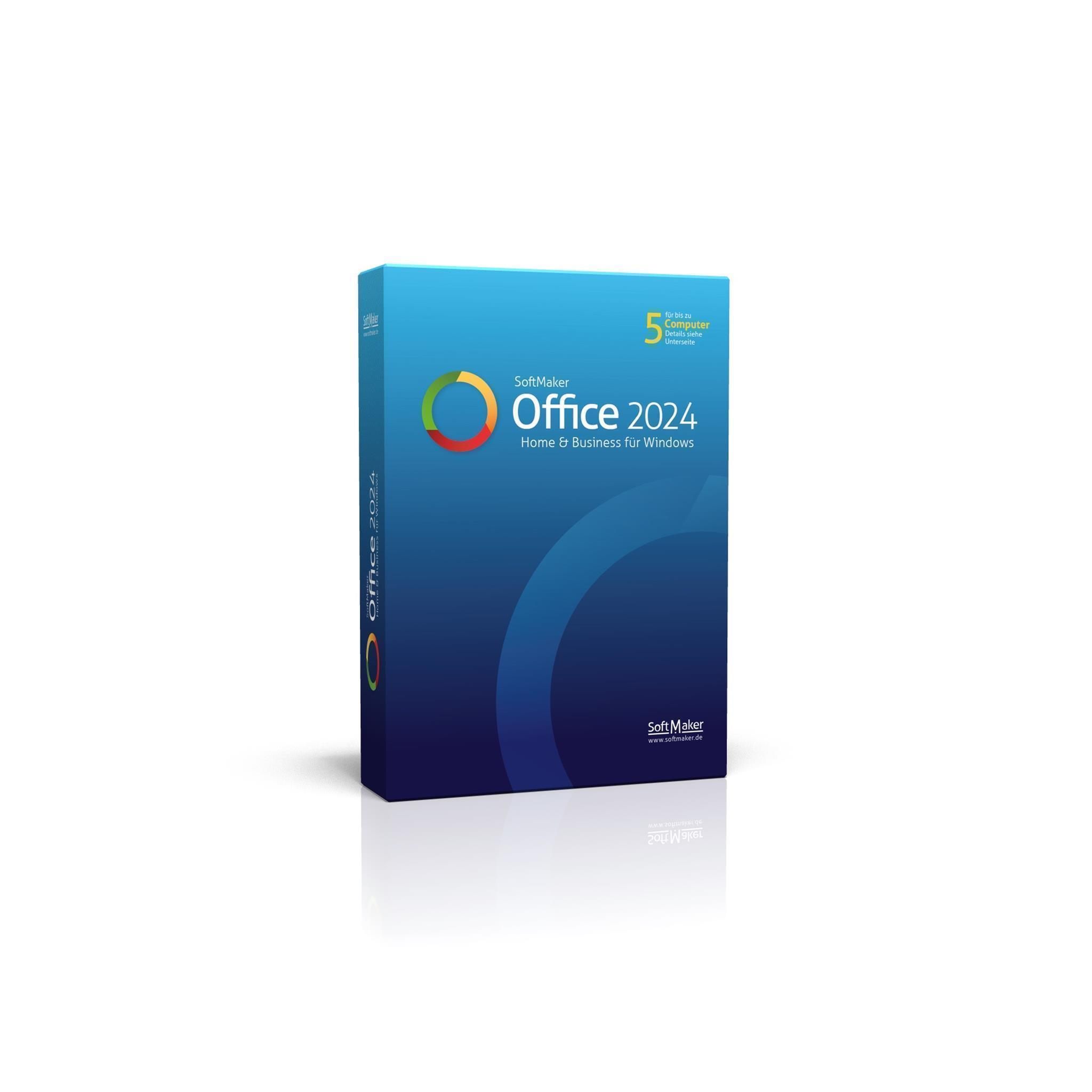 Eine blaue Box für SoftMaker Office 2024. Sie zeigt das Logo und den Text Home & Business für Windows. Weißer Hintergrund.