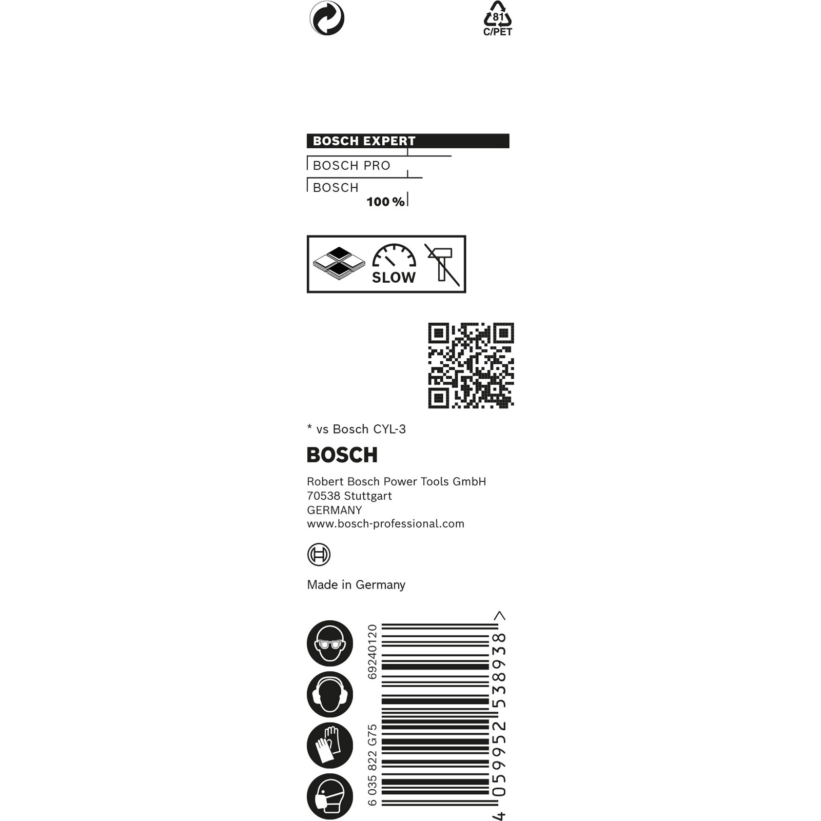 Ein weißes Etikett mit Bosch-Logo, Symbolen und einem QR-Code. Es enthält Produktinformationen und Sicherheitshinweise.