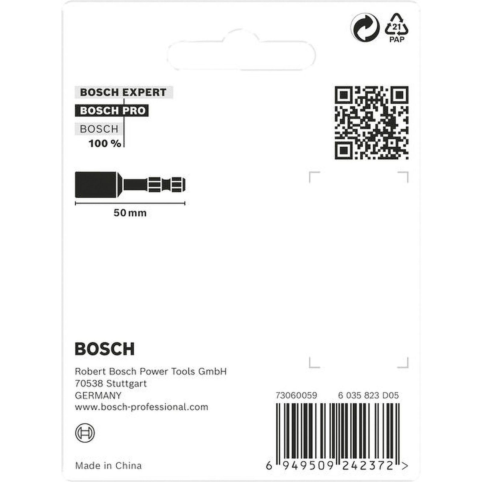 Un paquete blanco de Bosch con detalles del producto. Presenta un esquema de una pieza de herramienta. Logos Bosch Expert, Pro presentes.
