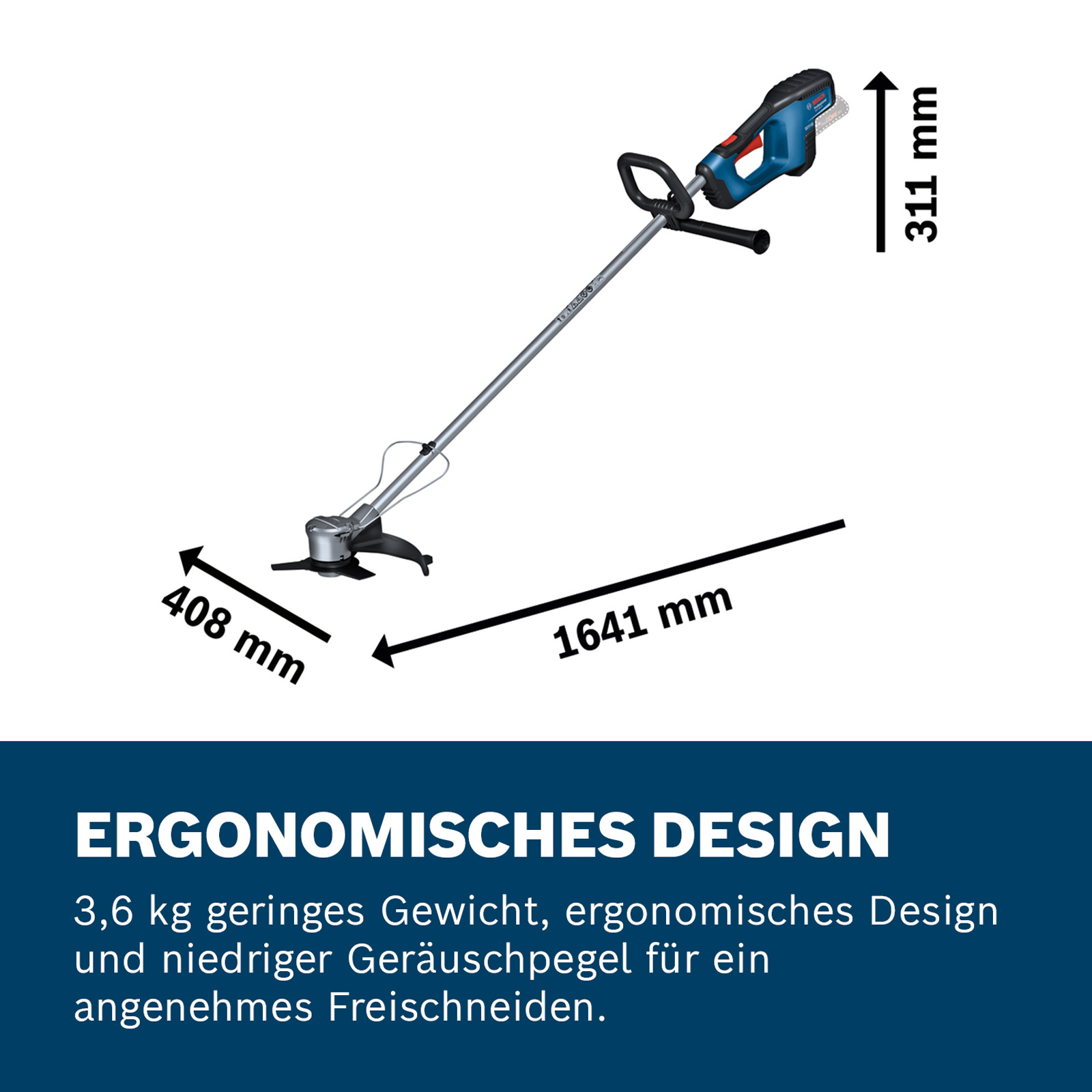 Ein elektrischer Rasentrimmer mit Maßen, schwarzem Griff, blauem und schwarzem Gehäuse und Text: ergonomisches Design.