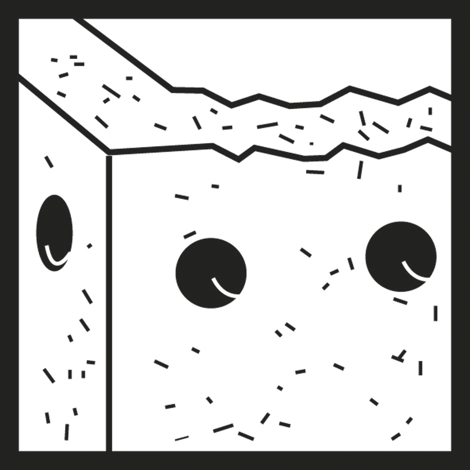 Eine Schwarz-Weiß-Illustration eines Würfels mit zwei Augen. Die Oberkante ist gezackt. Kleine schwarze Linien sind verstreut.