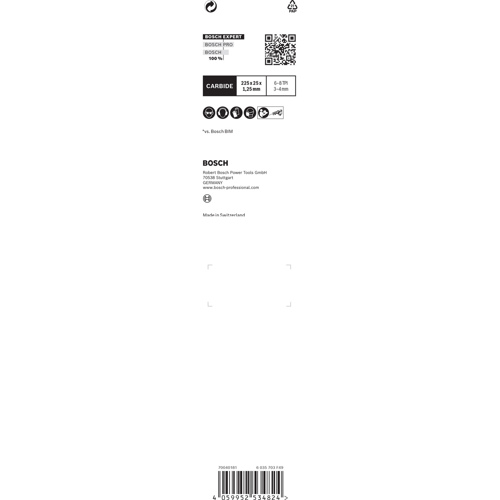 Białe tło z tekstem Bosch, szczegółami produktu i ikonami bezpieczeństwa. Zawiera kod kreskowy i kod QR.