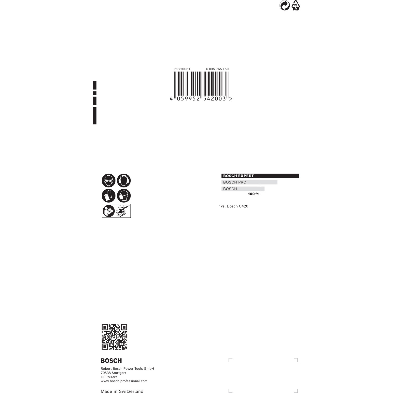 Weißer Hintergrund mit schwarzem Text und Symbolen. Ein Barcode, Bosch-Logo und Sicherheitssymbole sind vorhanden.