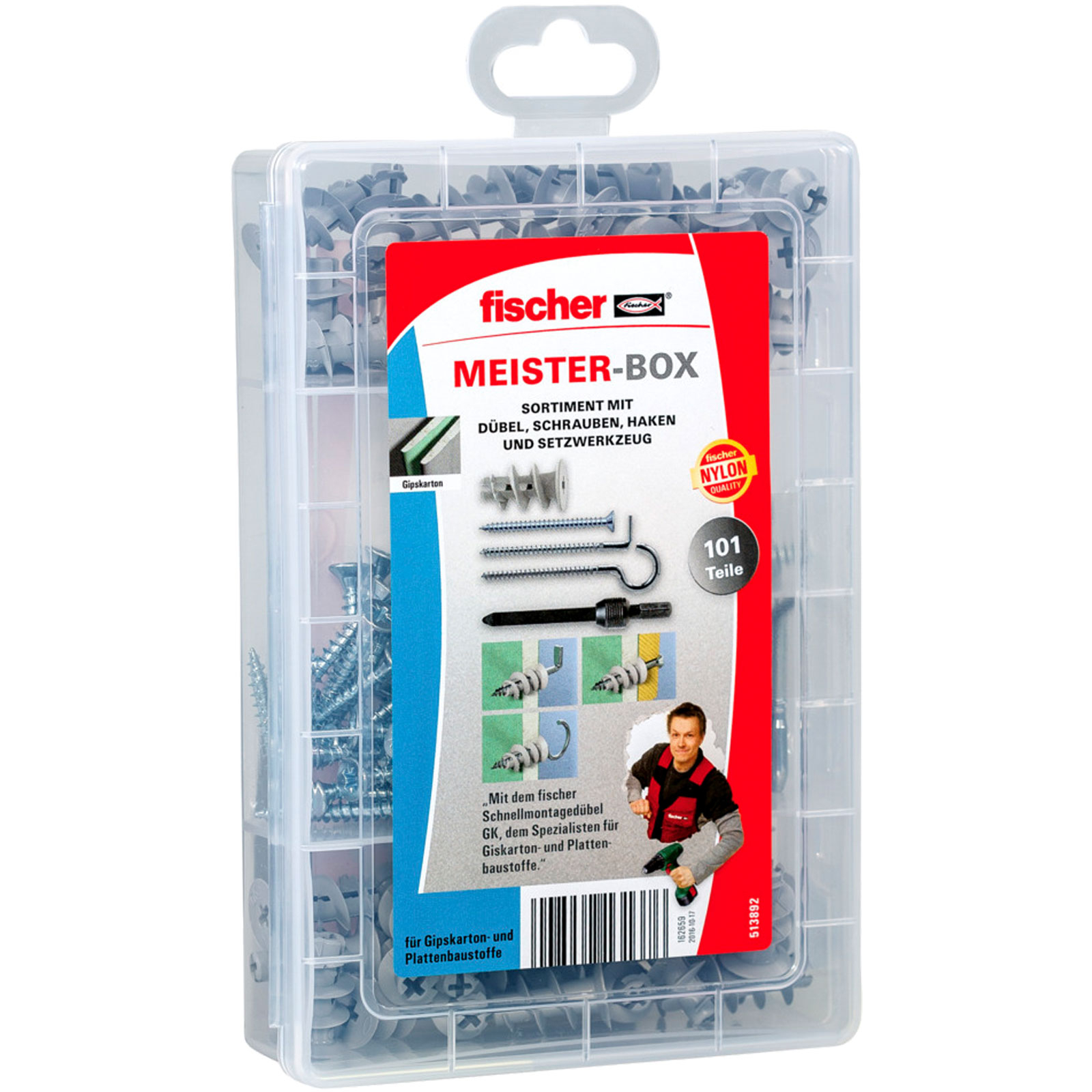 Transparente Kunststoffbox mit Hardware. Enthält Schrauben, Haken und Dübel. Rotes Etikett mit 'MEISTER-BOX' und 'fischer' Logo.