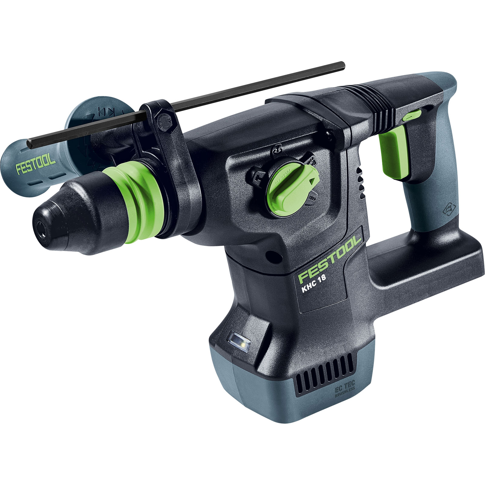 Un martillo perforador Festool KHC 18 negro y verde, con un mango y un mango frontal adicional para el control.