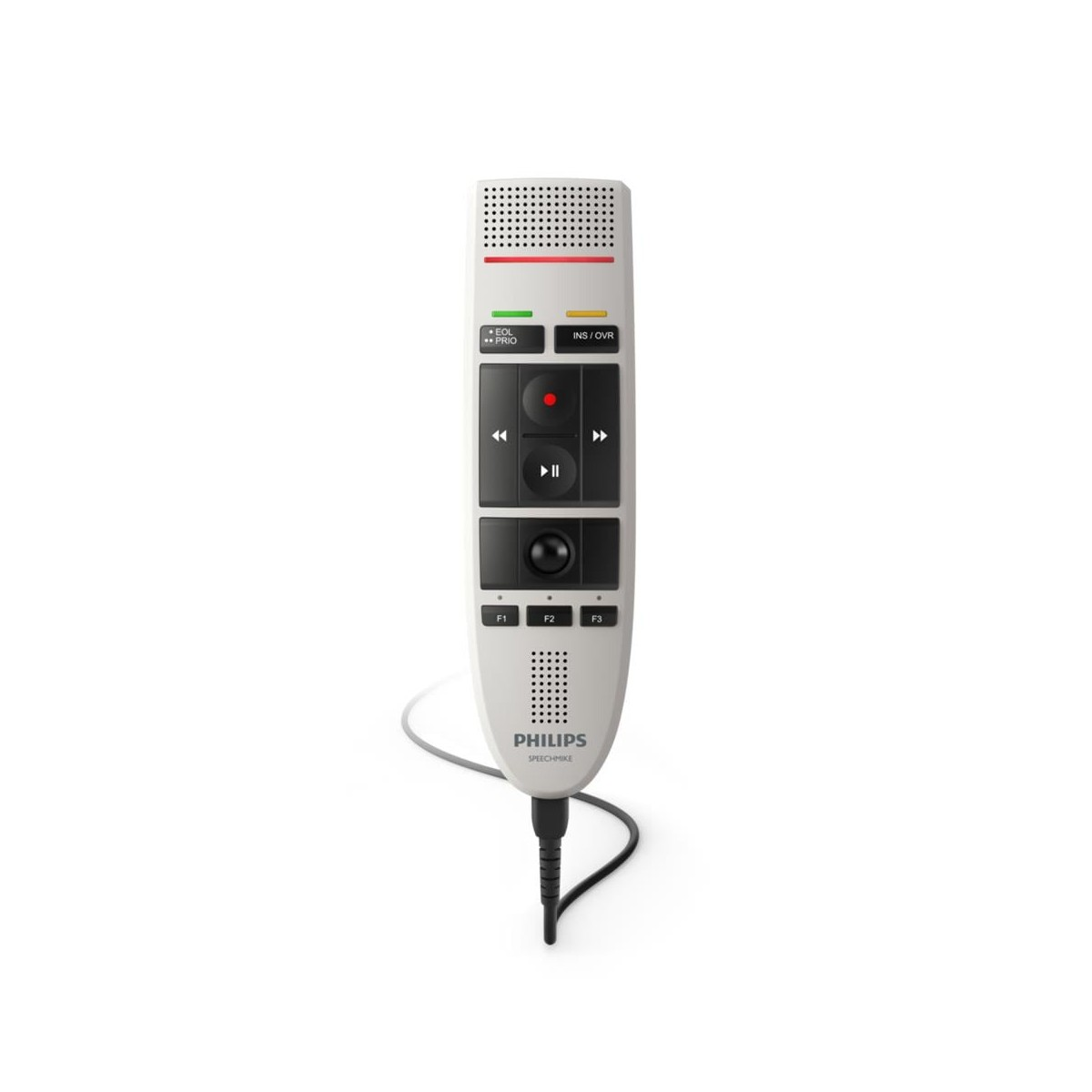 Ein weißes Philips SpeechMike Diktiergerät mit Knöpfen, einem roten Licht und einem schwarzen Kabel, isoliert auf weißem Hintergrund.