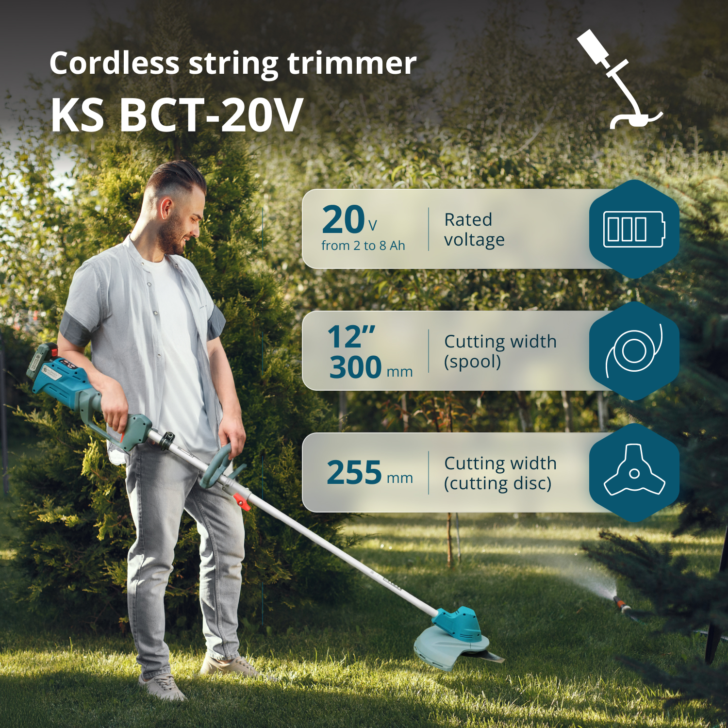 Man using a cordless string trimmer in a garden. Features include 20V, 12" cutting width, and 255mm cutting disc. Green grass is visible.