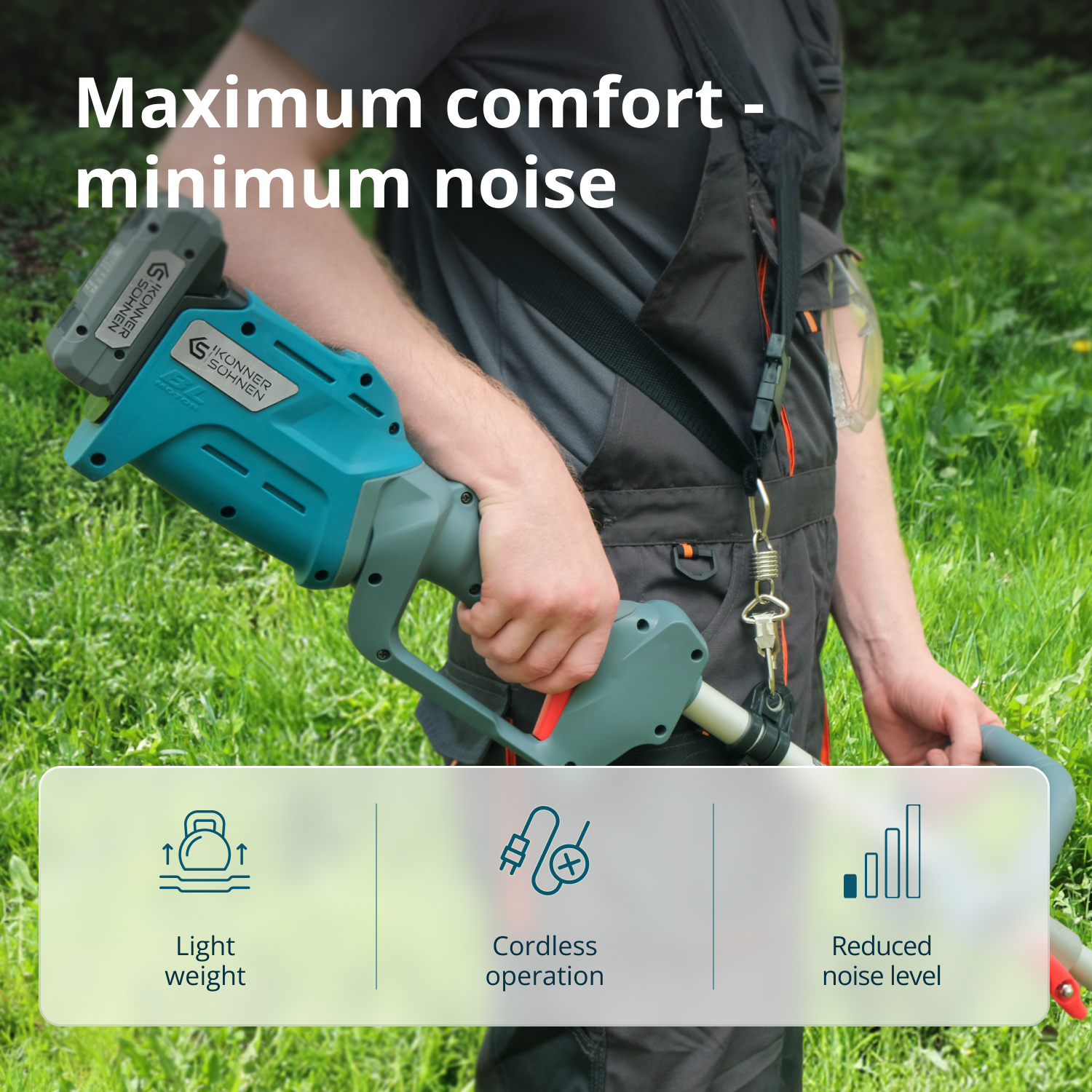 A person holds a teal and gray lawn tool. Text above says 'Maximum comfort - minimum noise'. Icons show light weight, cordless operation, and reduced noise.