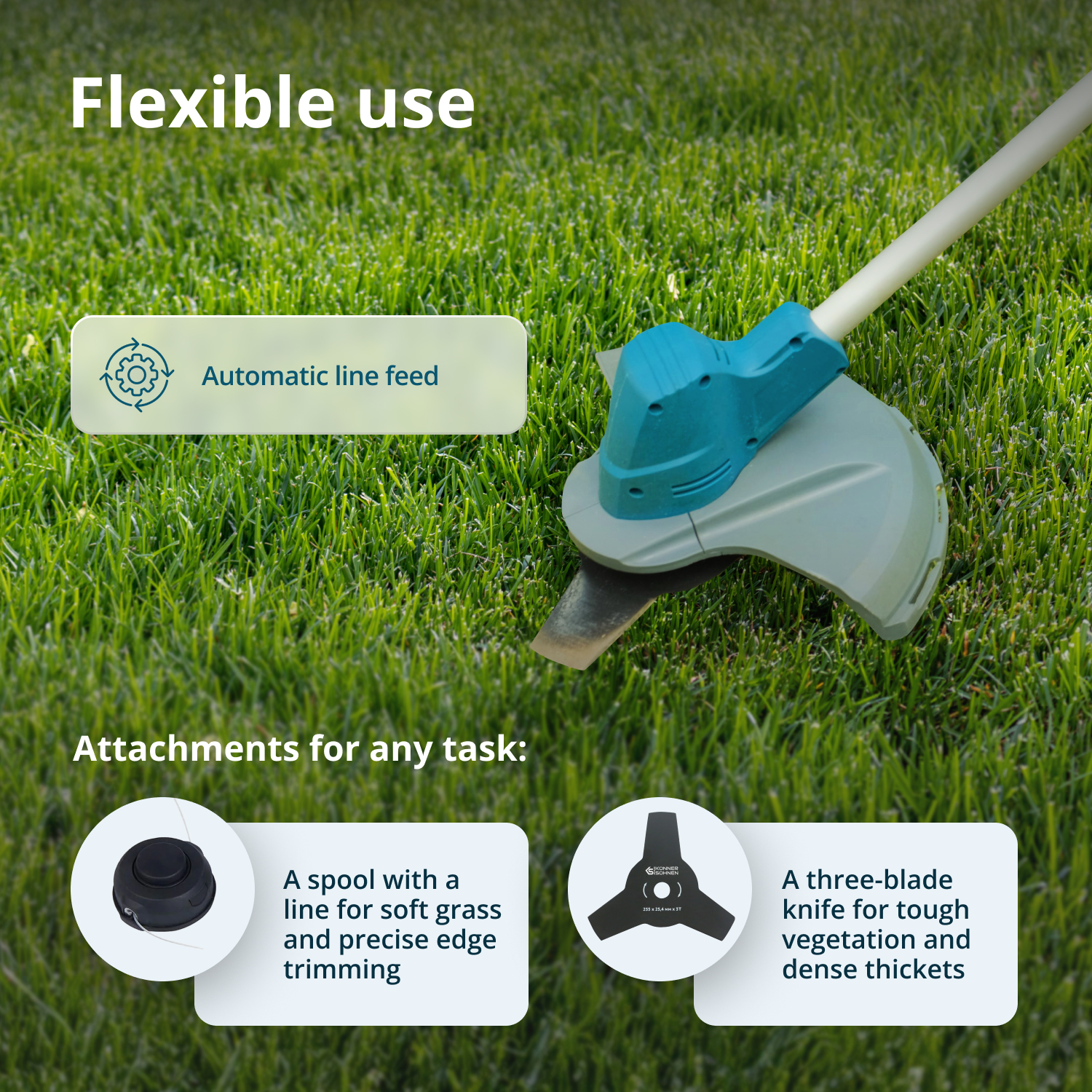 A weed eater with attachments on grass. Text says: flexible use, automatic line feed, attachments for any task.