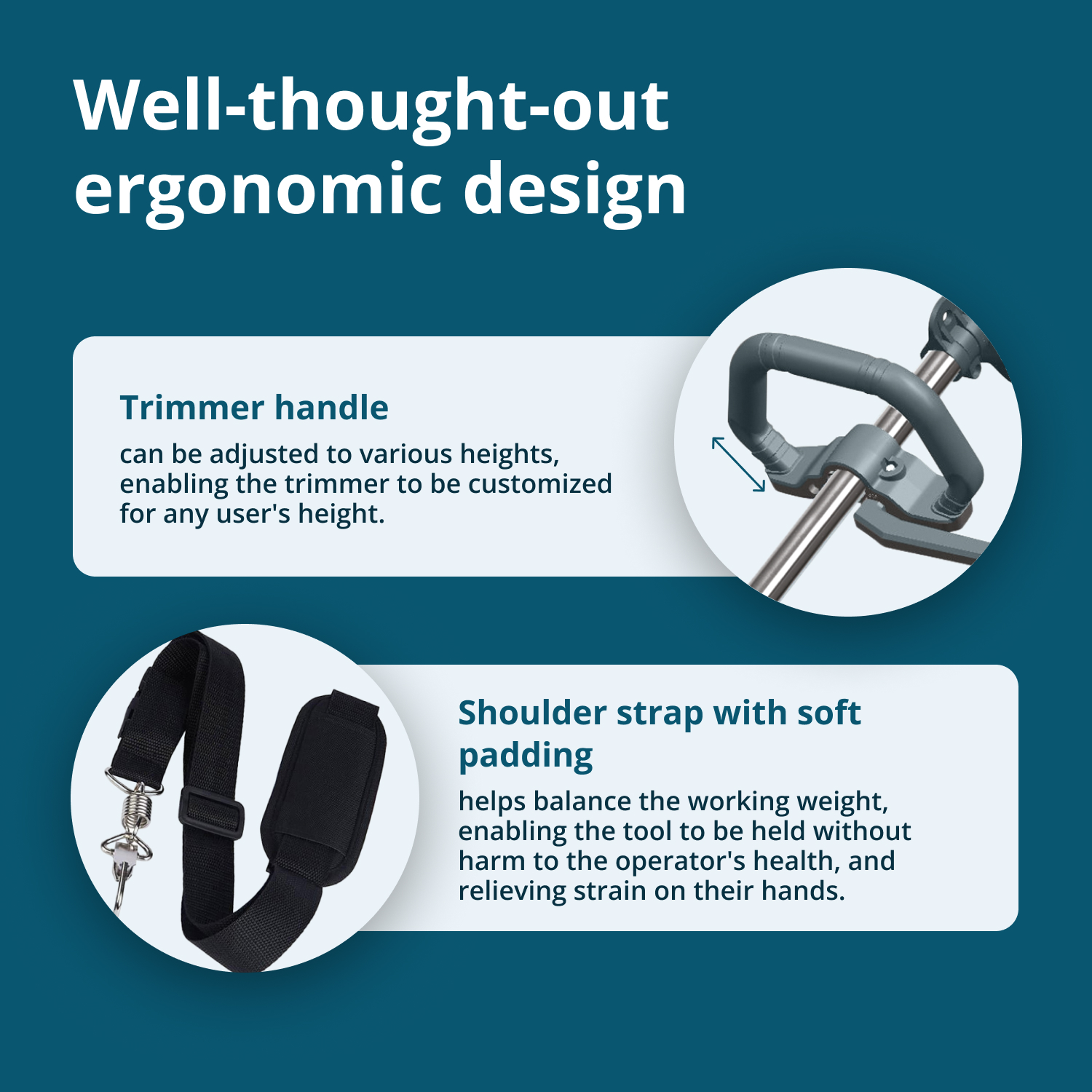 Image shows trimmer details: adjustable handle and shoulder strap. Text highlights ergonomic design for user comfort and health.