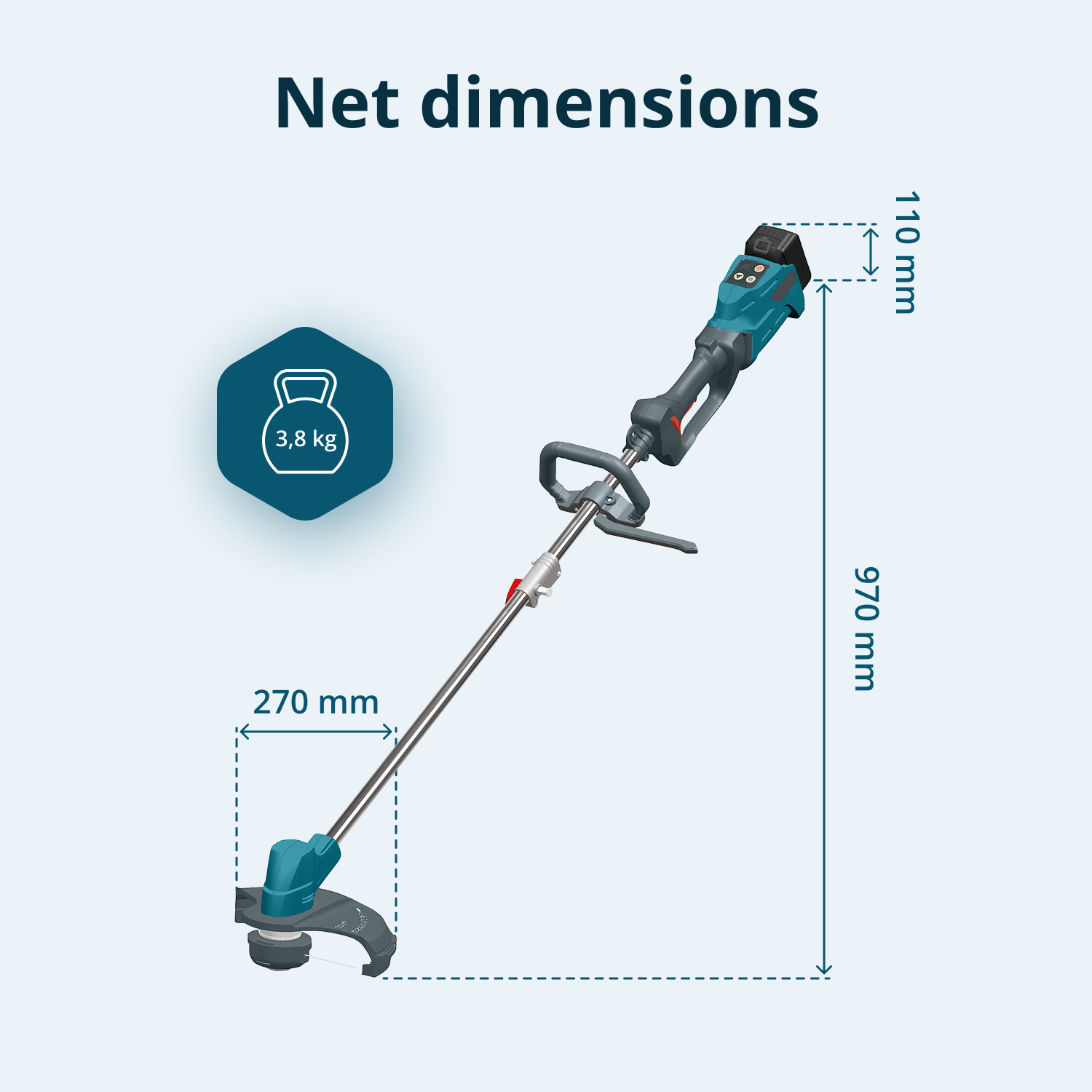 An electric trimmer with dimensions shown. It is teal and gray. Weights 3,8kg. Dimensions: 970mm long, 270mm wide, 110mm high.