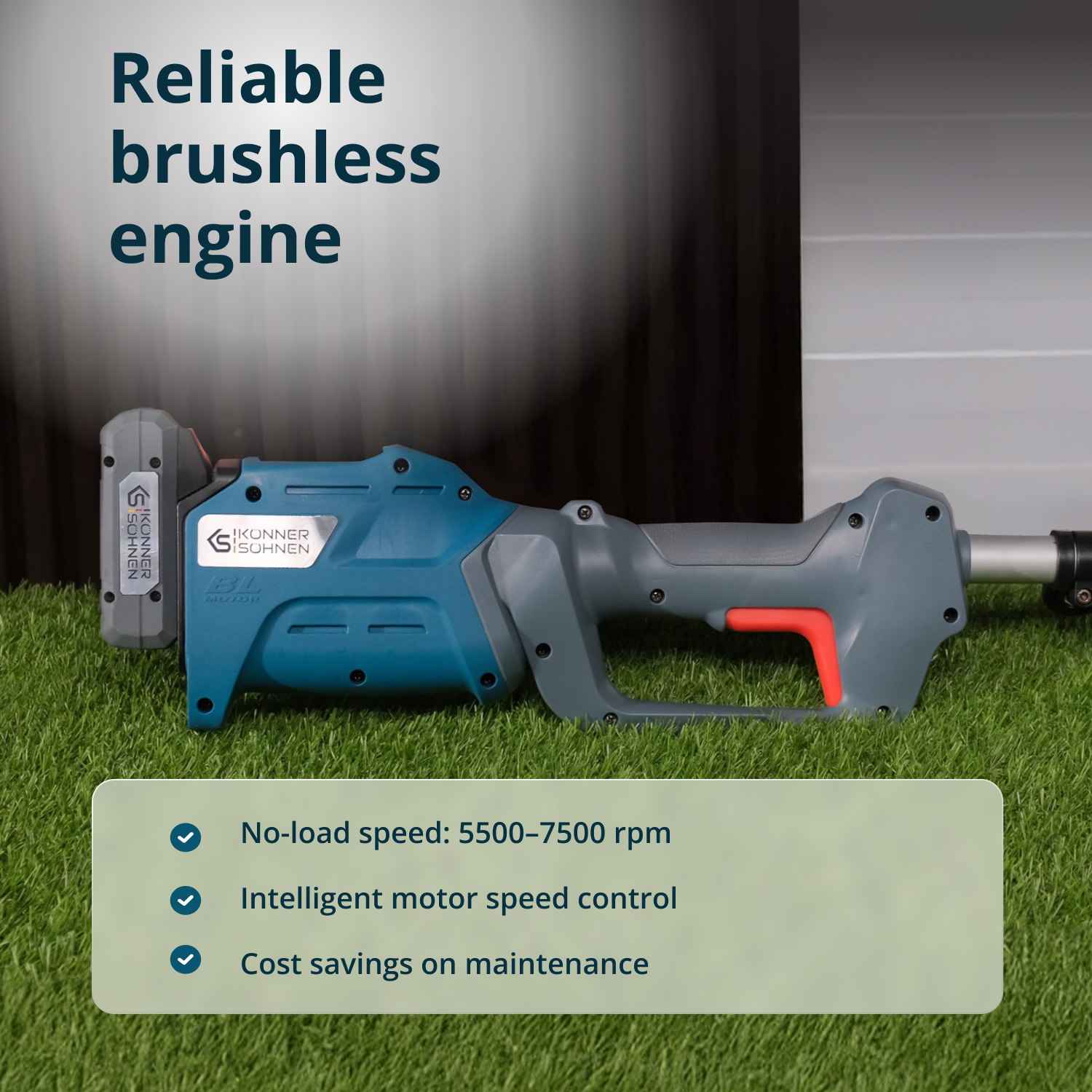 A teal and gray cordless trimmer lies on green grass. The text says, Reliable brushless engine. Features: no-load speed, motor control, cost savings.