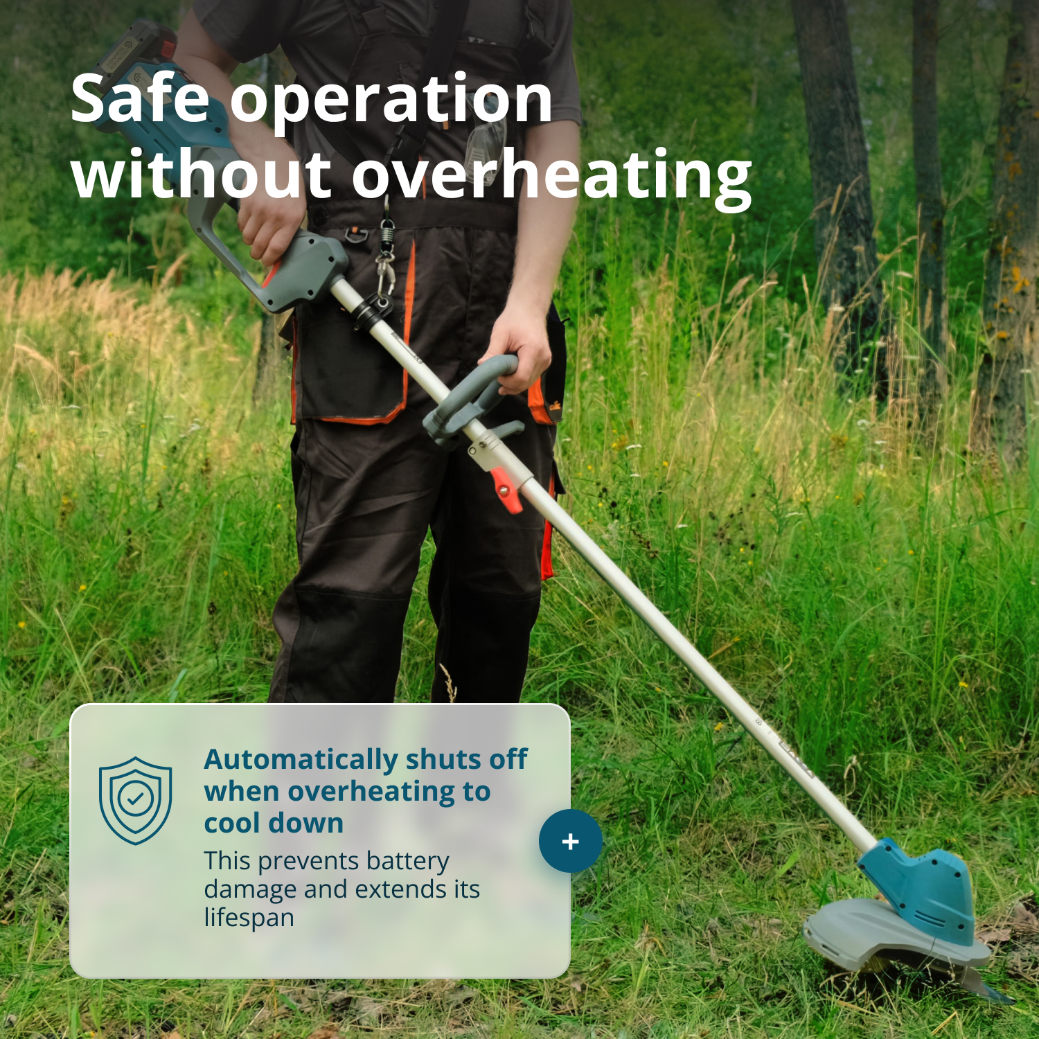 A person holding a teal and gray weed wacker in a grassy field. Text states: Safe operation without overheating.