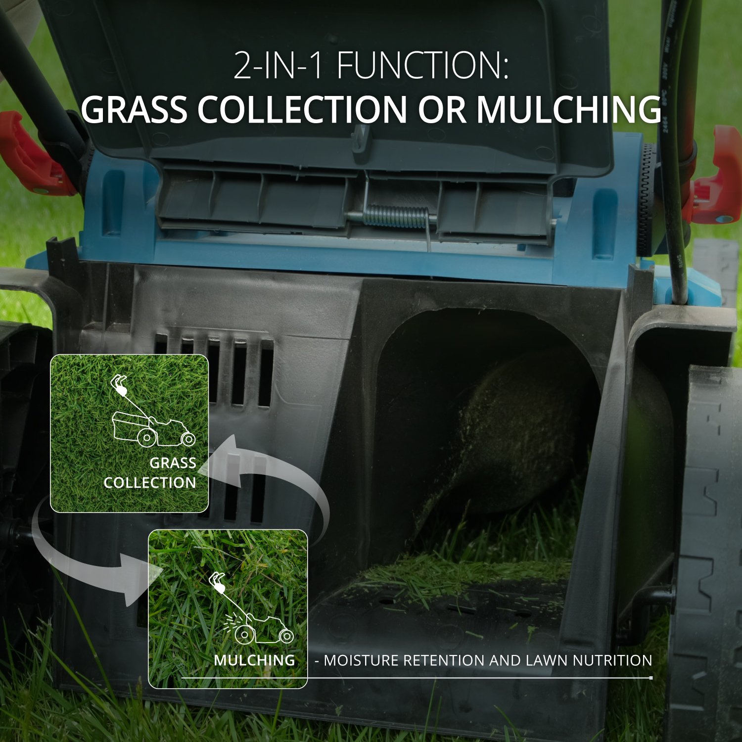 Ein Rasenmäher mit 2-in-1-Funktion: Gras sammeln und Mulchen. Das Bild zeigt die Optionen mit Diagrammen und die Struktur des Mähers.