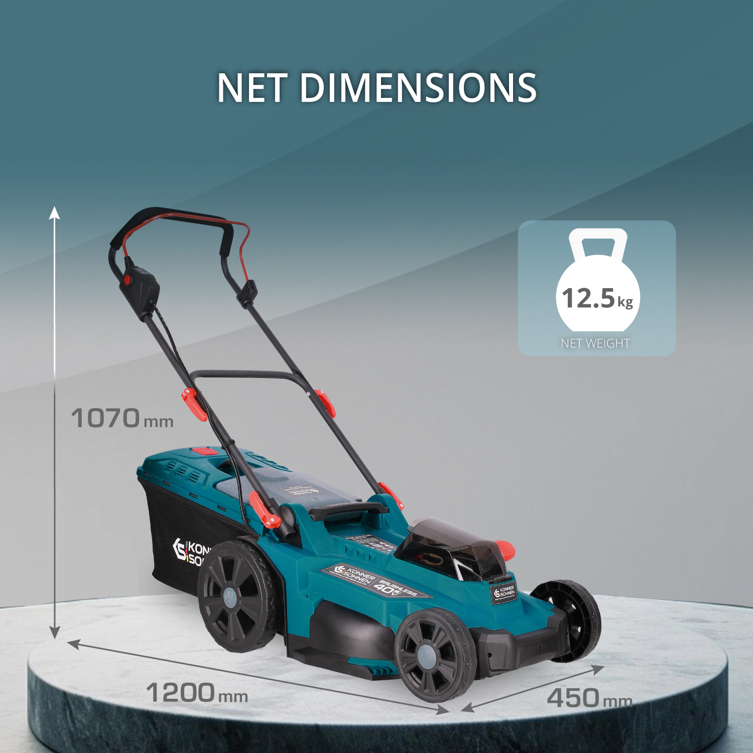 Ein teal Rasenmäher steht auf einer grauen Plattform. Abmessungen: 1070 mm Höhe, 1200 mm Länge und 450 mm Breite. Nettogewicht 12,5 kg.