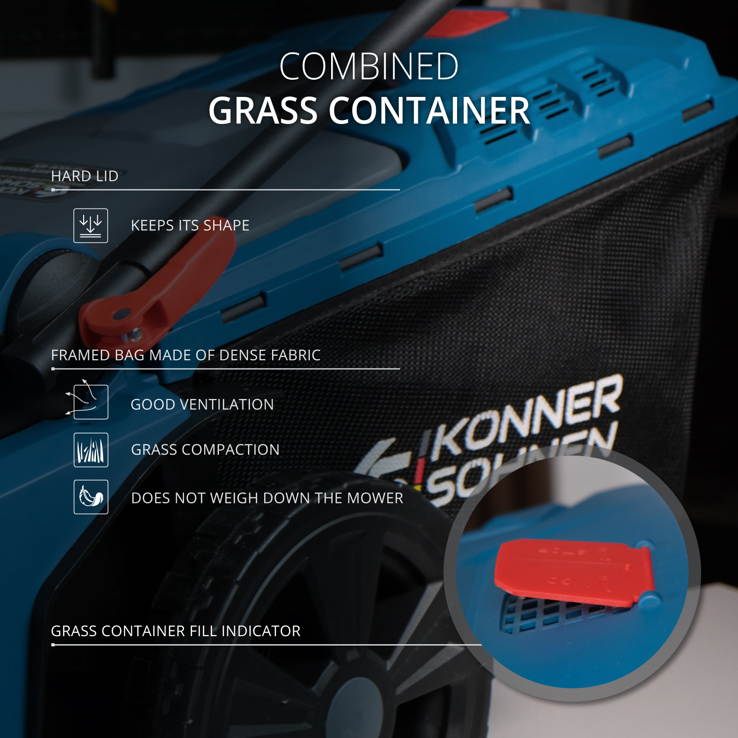 Nahaufnahme eines Rasenmäher-Grasbehälters. Er ist blau und schwarz mit roten Akzenten. Text hebt Merkmale wie Belüftung und Verdichtung hervor.